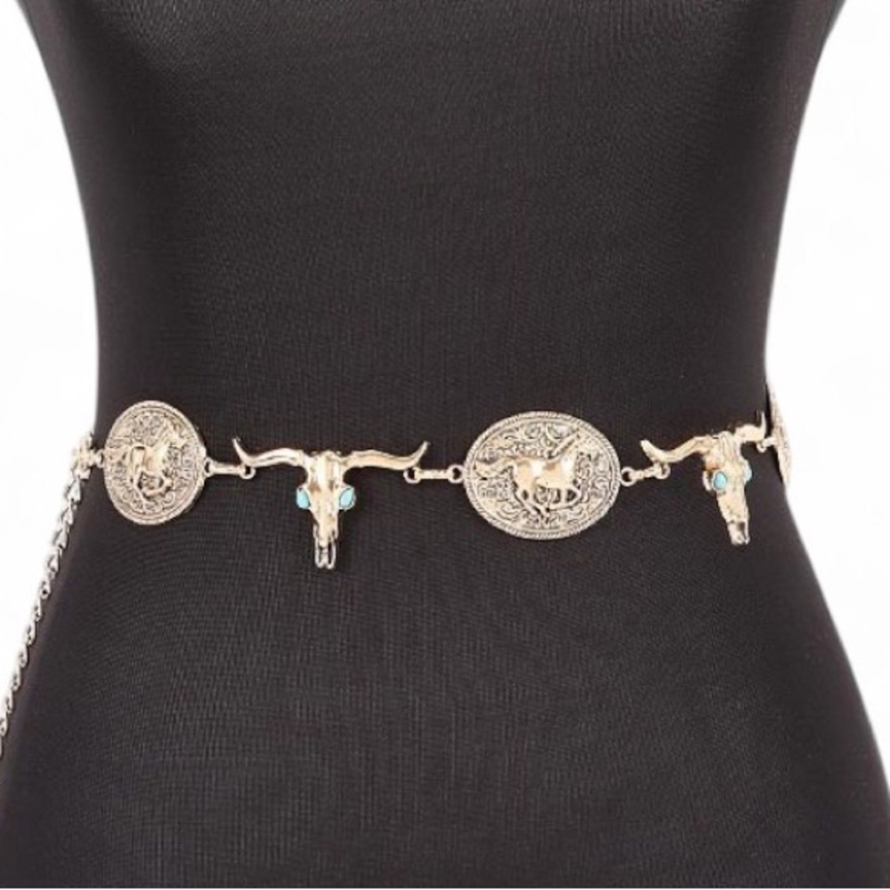 Gold Antique Metal Western Horse Embossed Conch Statement Belt